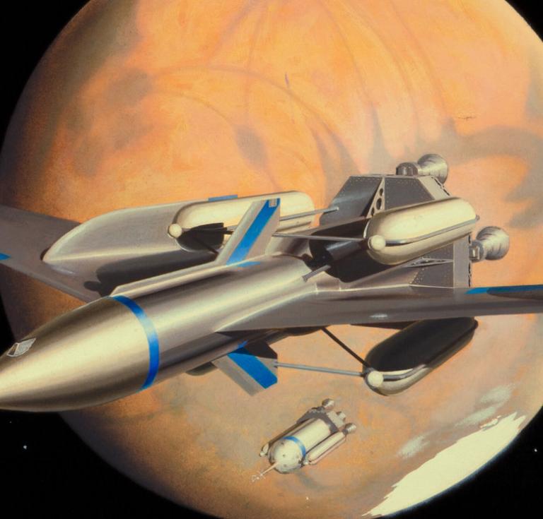 Winged Rocket Ferry Orbits Mars Prior to Landing after 250-Day Flight