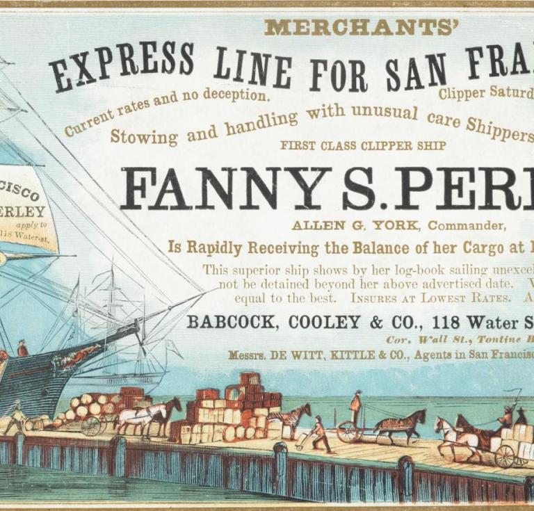 Rare gold rush-era clipper ship sailing card. 