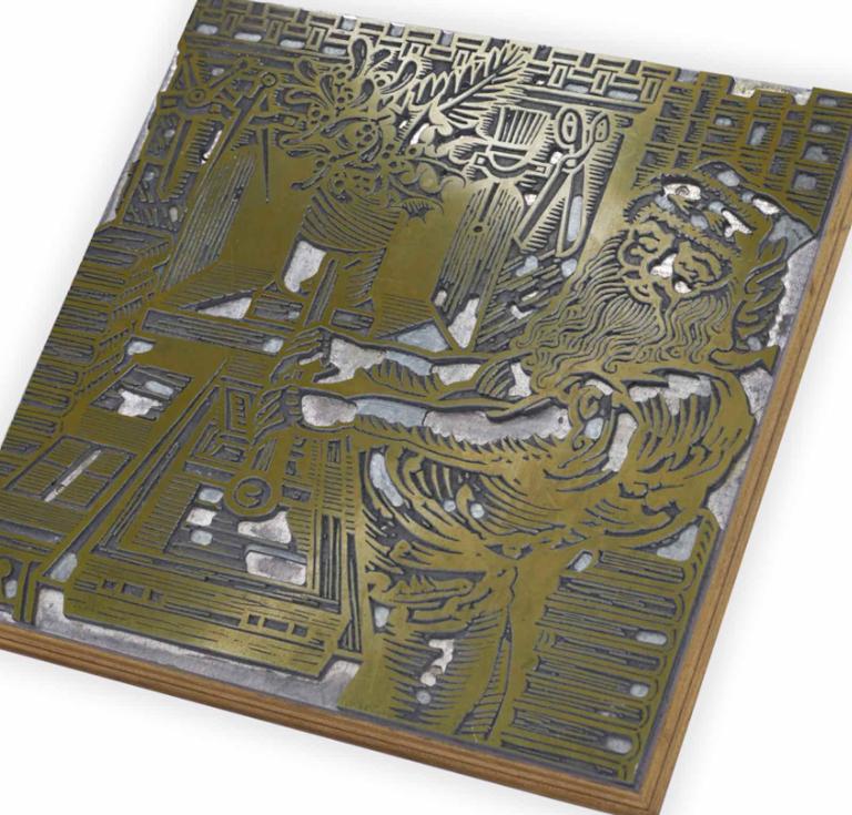 Large metalcut block of Father Christmas operating a printing press
