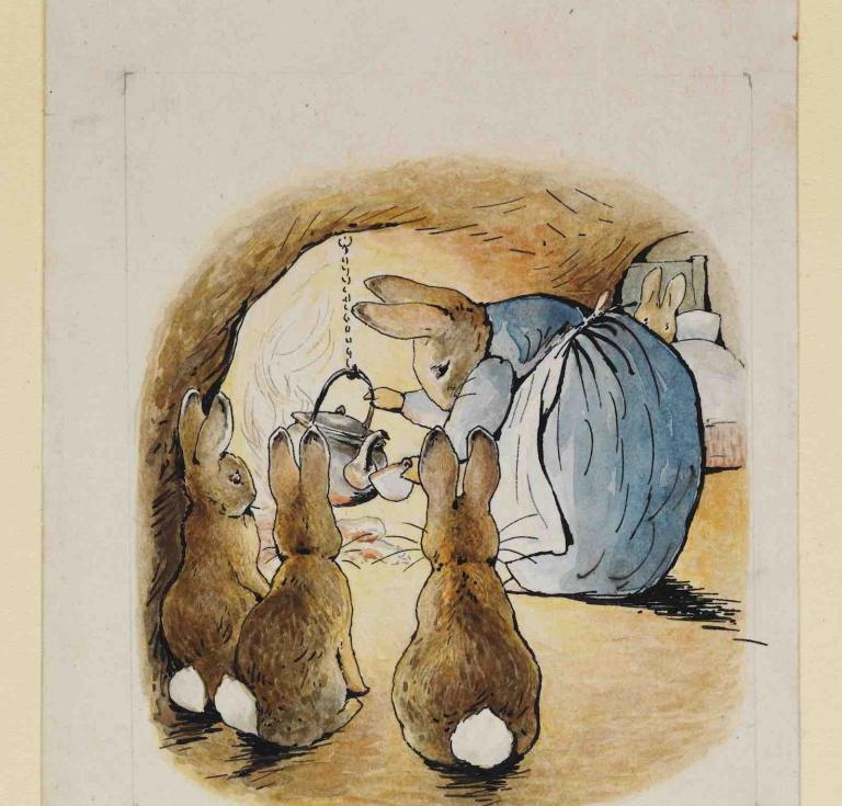 Mrs Rabbit pouring out tea for Peter while her children look on, 1902-7.