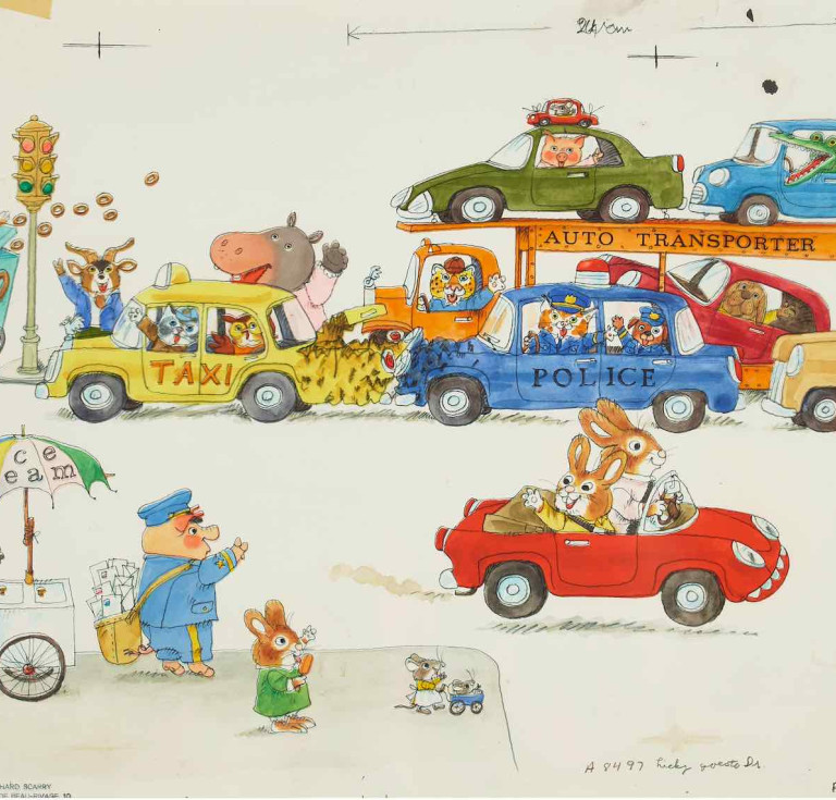A double-page illustration from Richard Scarry's 1972 Nicky Goes to the Doctor