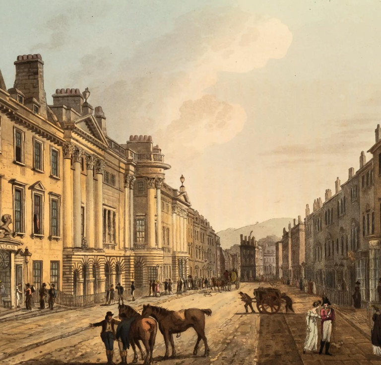 Aquatint street scene of Bath