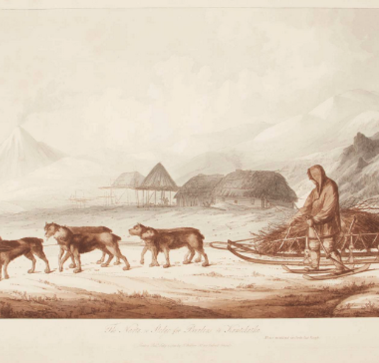 John Webber etching of Kamchatka scene with dogsled