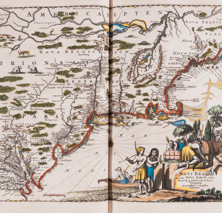 Hand-colored map of the New England region from John Ogilby's "America" (1671).