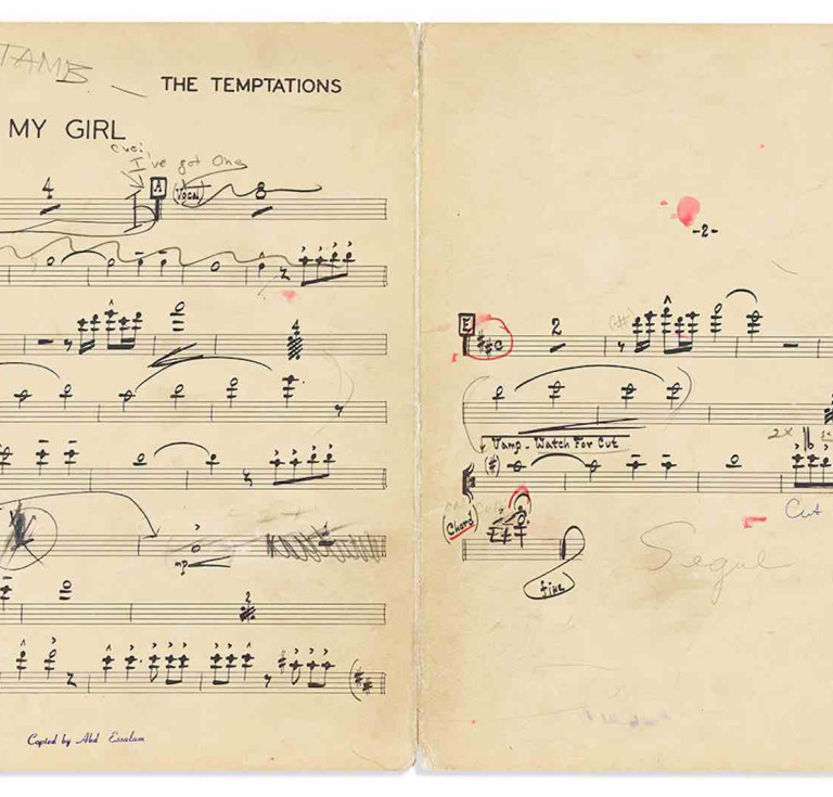 Part of 26 pages of arrangements from The Temptations' 'My Girl'