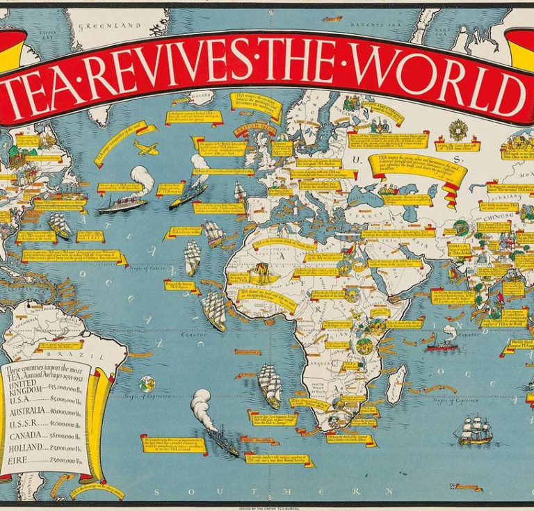 Map of the world titled on red banner "Tea Revives the World."