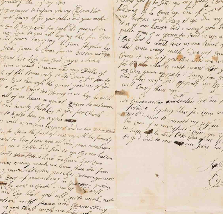 Personal letter from Joseph Smith’s maternal grandmother, Lydia Mack, among papers of his New Hampshire uncle, 1777 – 1822. Sold for $32,500.