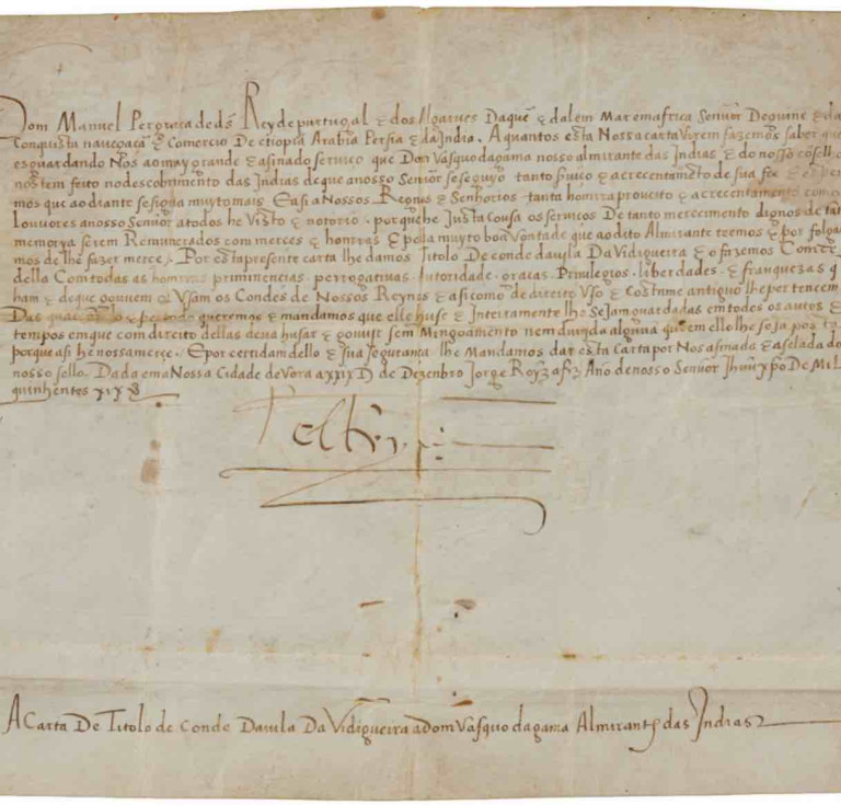 Manuscript document on vellum, written by Manoel I, King of Portugal, conferring a noble title to Vasco da Gama