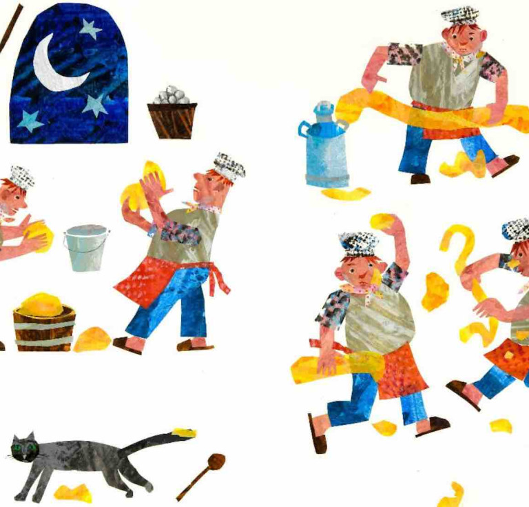 Eric Carle, “Walter worked all day and into the night.” Walter the Baker, 1995. Collage of acrylic-painted tissue paper with pen and ink on illustration board. 