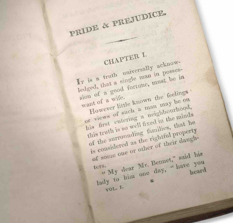 Pride and Prejudice , first edition, contemporary binding, ownership inscriptions dated less than eight weeks after publication.  Estimate $120,000-$180,000.