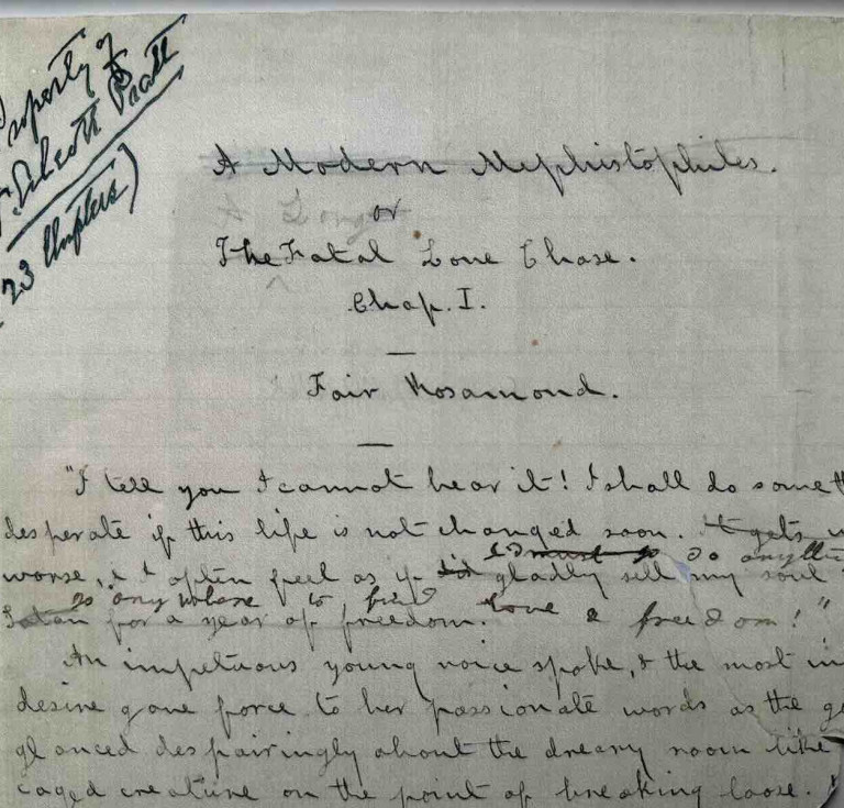 Part of the first page of the manuscript for A Long Fatal Love Chase